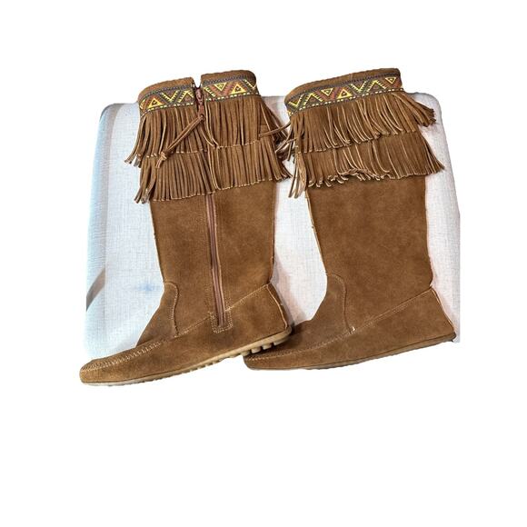 Minnetonka Mocassin Suede Leather Knee High Zip Up Double Fringe Boots Sz10 - Picture 2 of 4